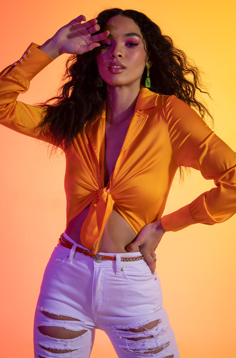 Front View Sunset Vacation Time Satin Front Bodysuit