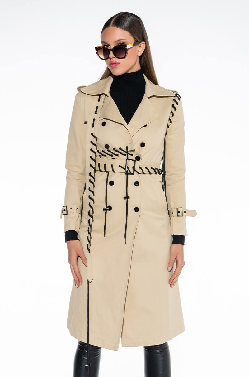 Front View Super Model Vibes Lace Up Trench Coat