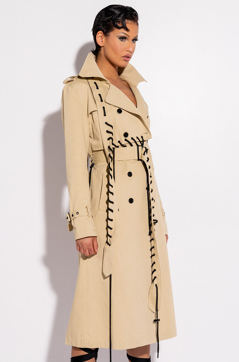 Front View Super Model Vibes Lace Up Trench Coat