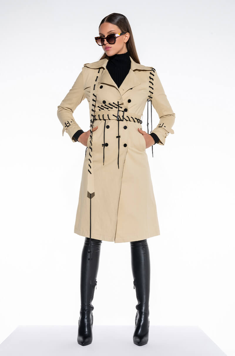 Side View Super Model Vibes Lace Up Trench Coat