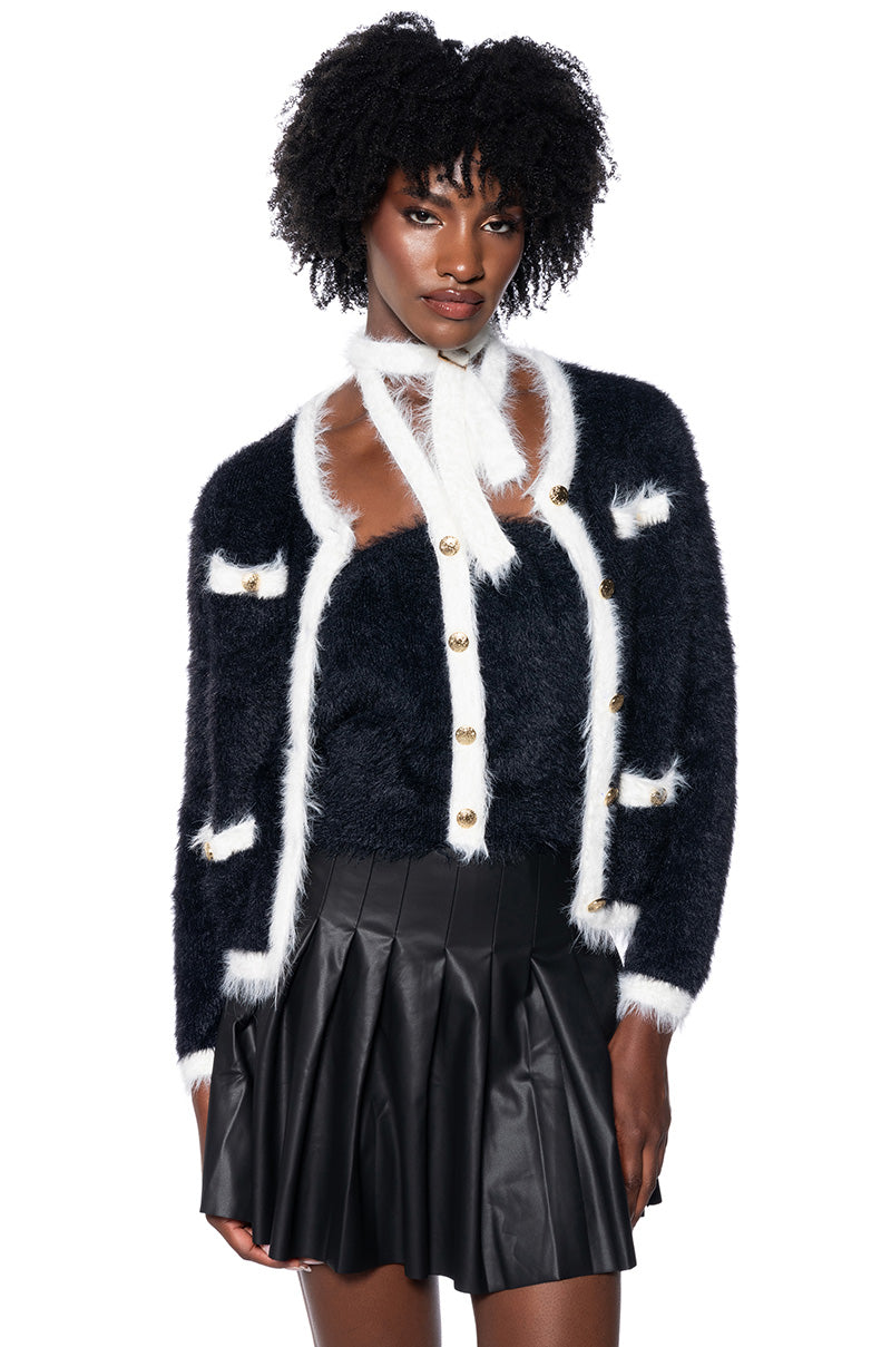 Front View Superlicious Button Down Fuzzy Knit Sweater Cardigan Set