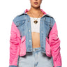 Front View Supernova Mixed Media Denim Bomber In Pink