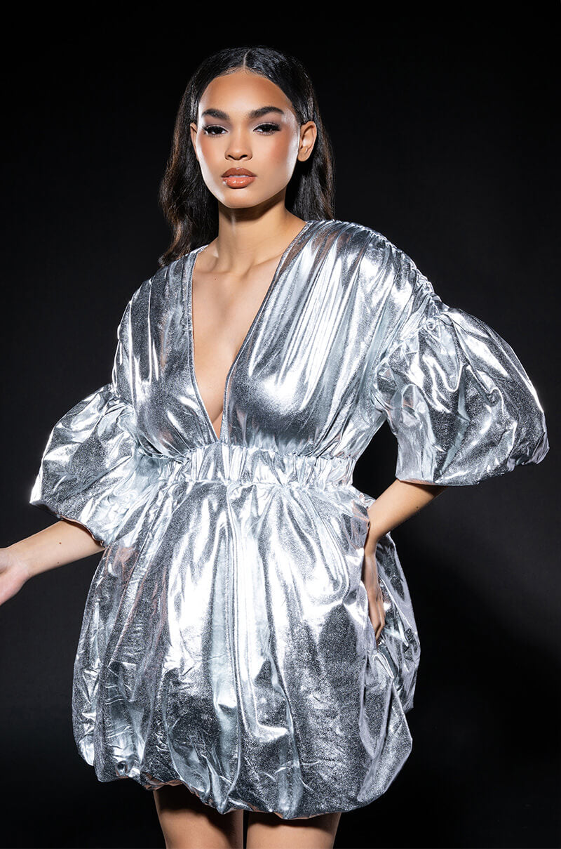 Front View Superstar Metallic V Neck Mini Dress In Silver