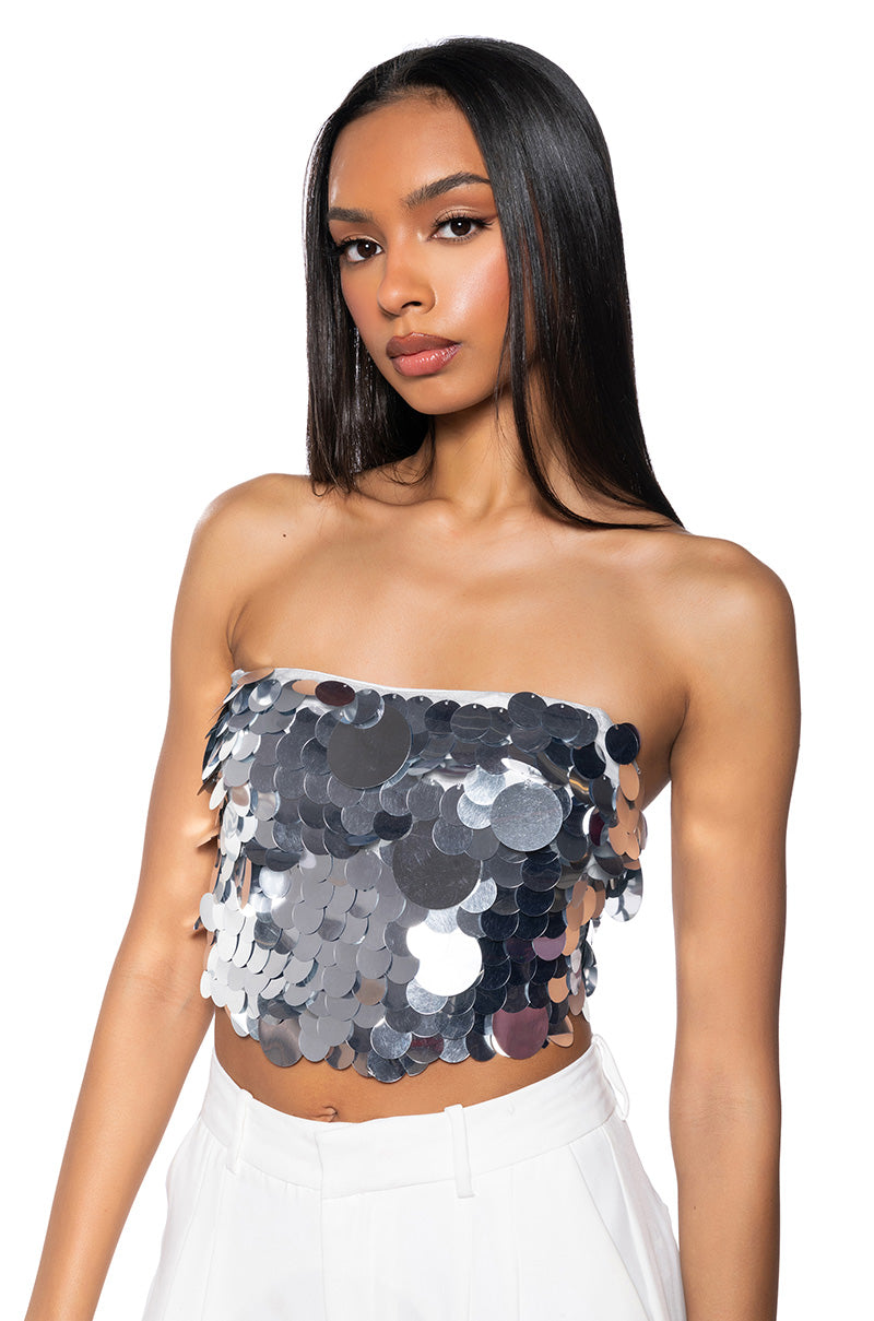 Front View Superstar Sequin Strapless Crop Top