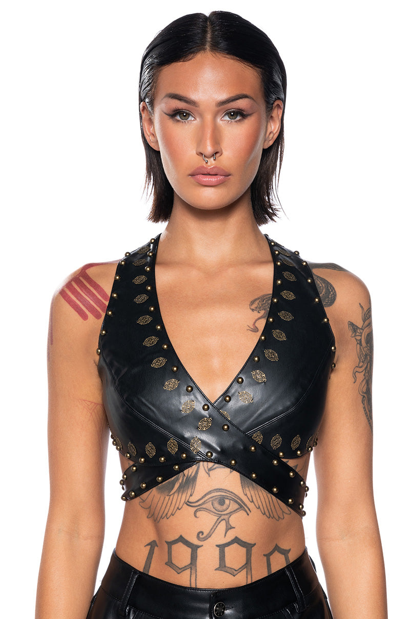 ALESSANDRA HALTER NECK FAUX LEATHER CROP TOP view 0
