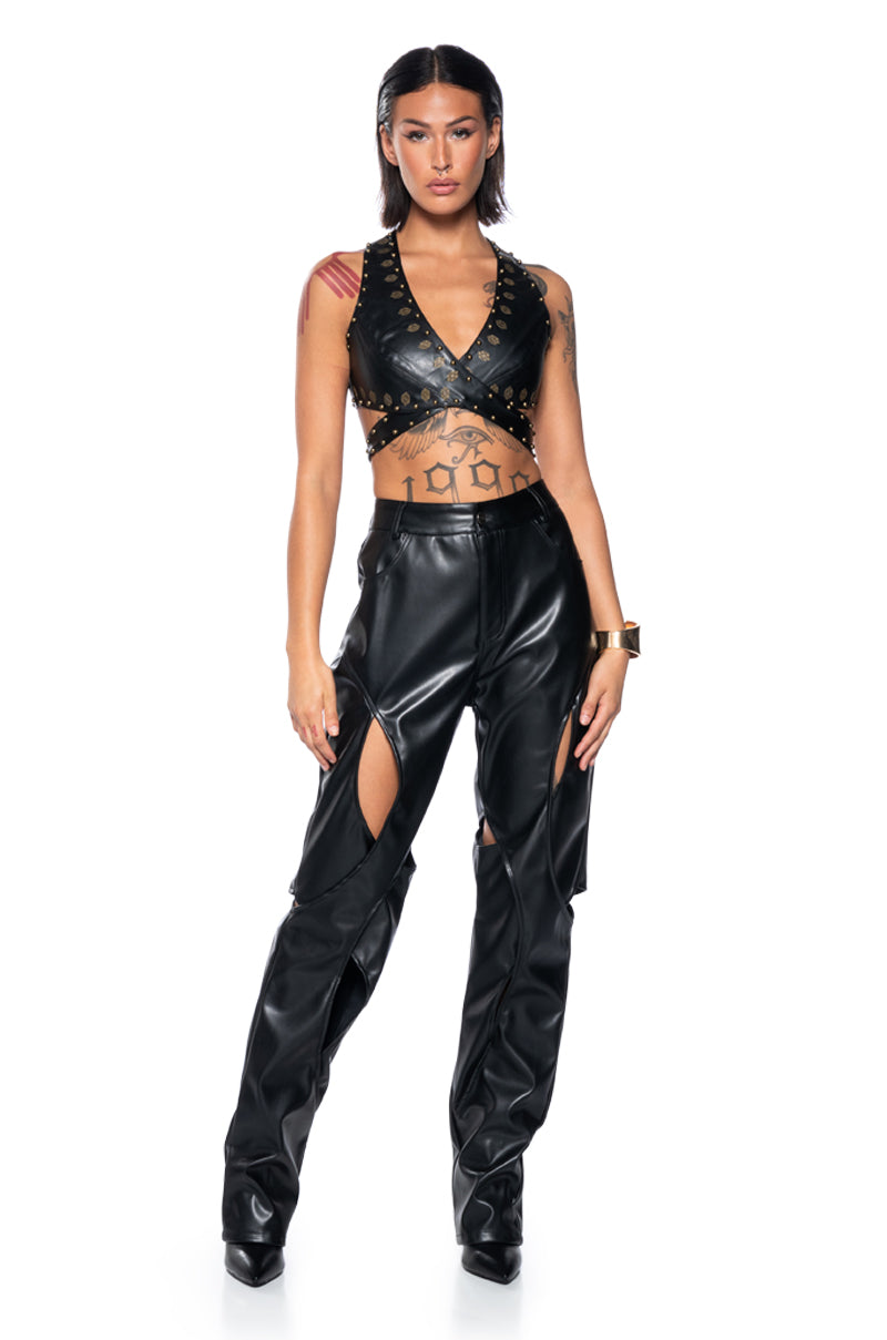 Back View Superstar Status Faux Leather Wrap Front Crop Top