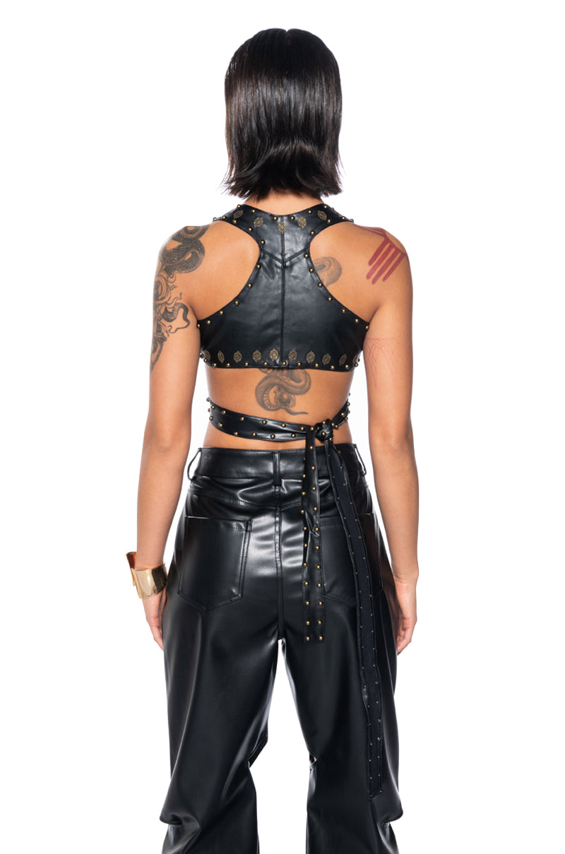 Full View Superstar Status Faux Leather Wrap Front Crop Top