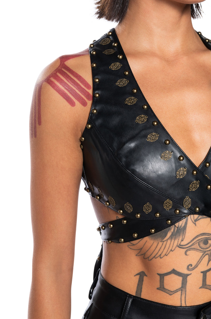 Extra View Superstar Status Faux Leather Wrap Front Crop Top