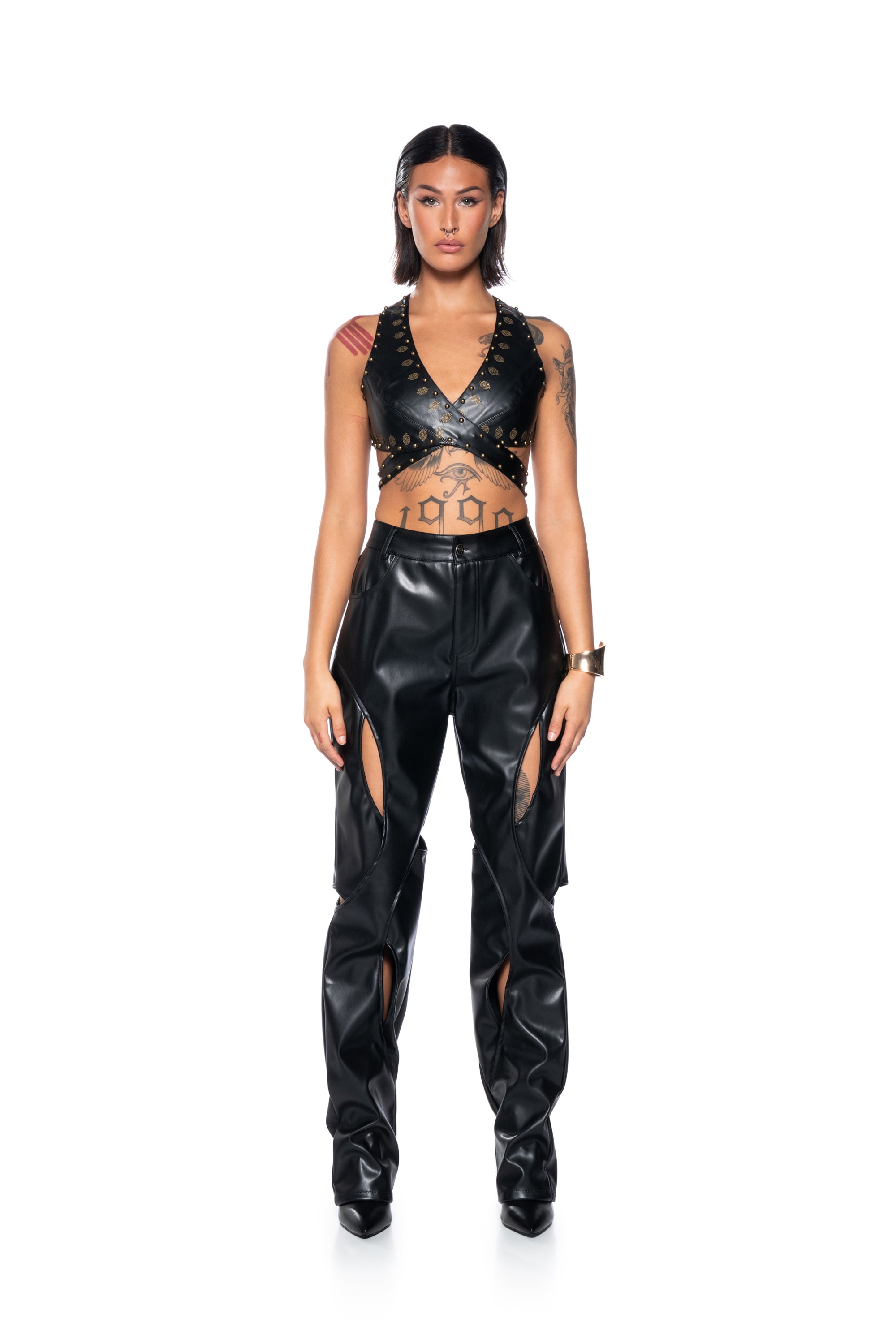 Extra View Superstar Status Faux Leather Wrap Front Crop Top