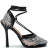 Front View Superstar Status Square Toe Netted Strappy Pump In Black