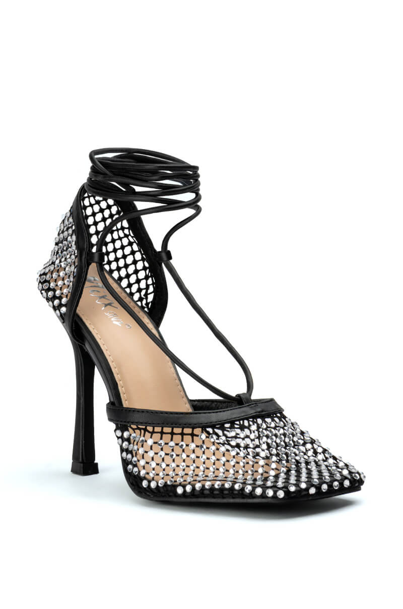 Back View Superstar Status Square Toe Netted Strappy Pump In Black