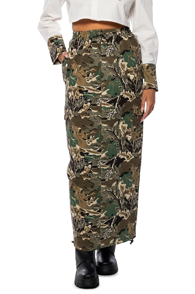 Front View Survival Mode Camo Maxi Skirt