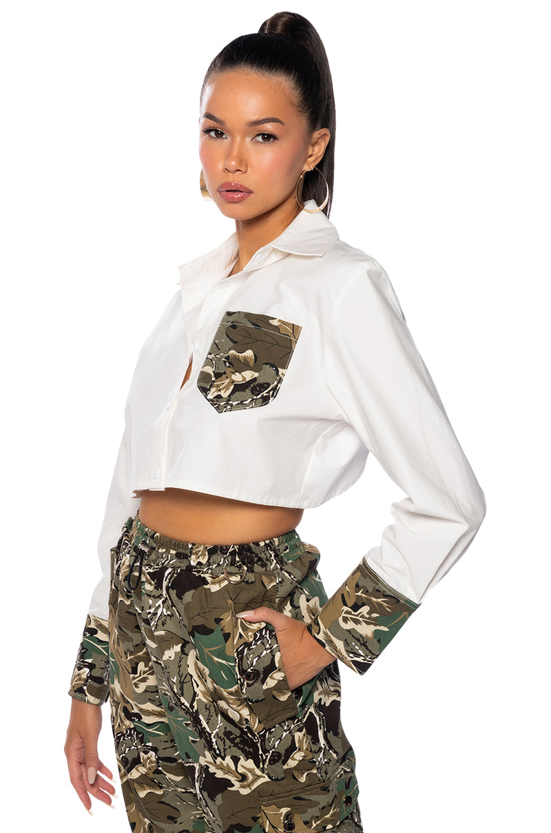 Side View Survival Mode Cropped Button Down Blouse 1