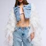 Front View Swan Princess Denim Jacket With Ruffle Sleeves