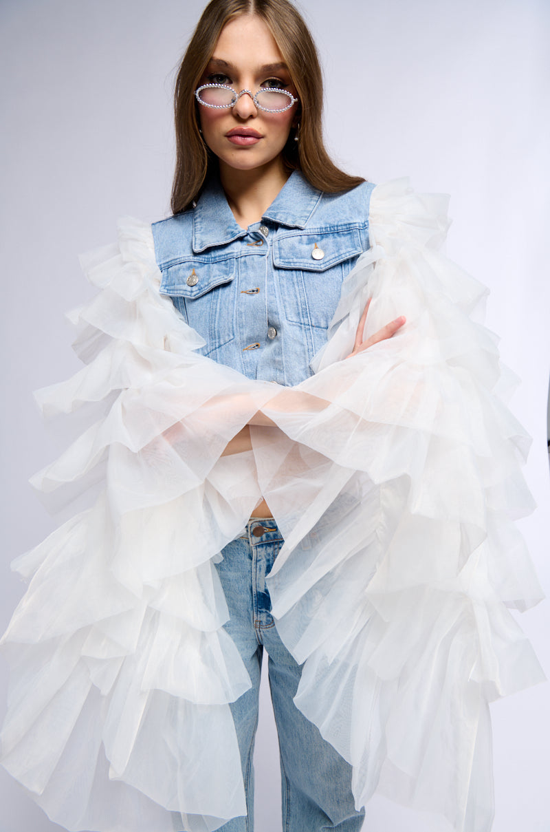 Side View Swan Princess Denim Jacket With Ruffle Sleeves