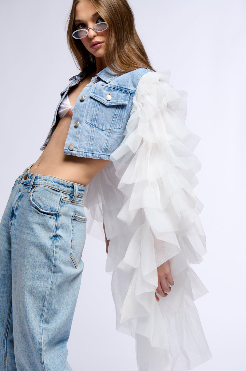 Detail View Swan Princess Denim Jacket With Ruffle Sleeves