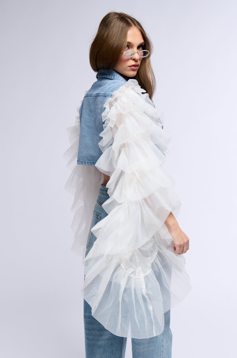 Extra View Swan Princess Denim Jacket With Ruffle Sleeves