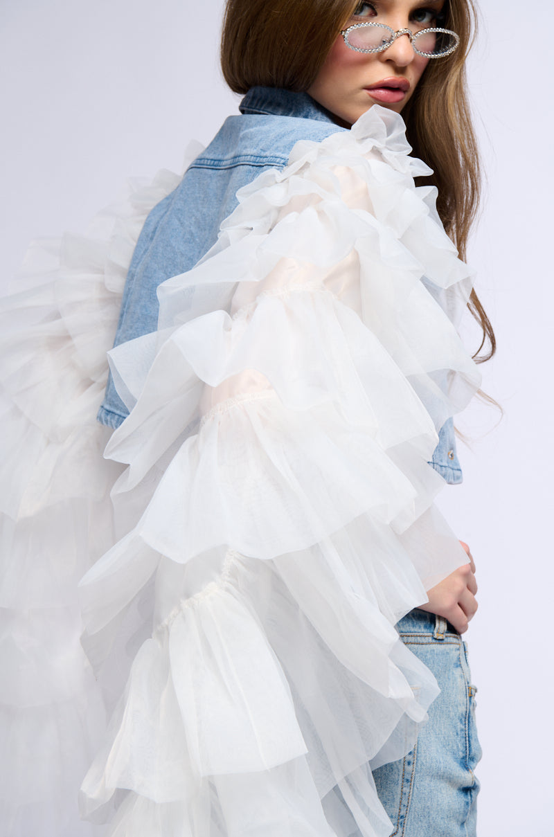 Extra View Swan Princess Denim Jacket With Ruffle Sleeves
