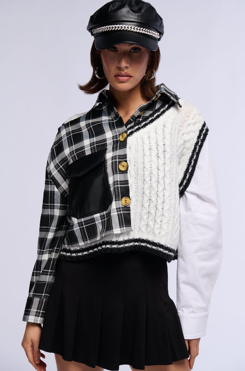 SWEATER WEATHER BUTTONED PATCHWORK PLAID TOP view 0
