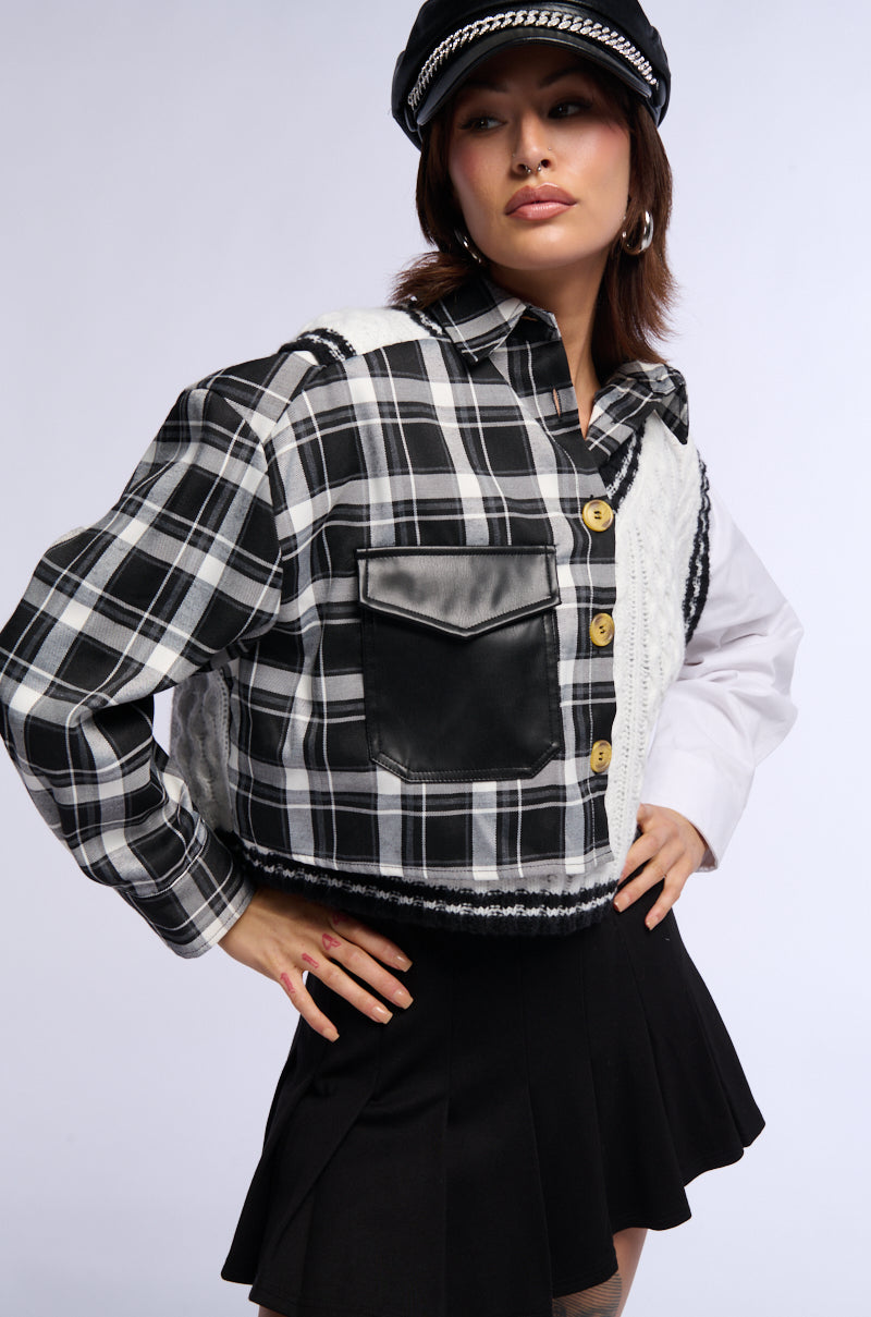Side View Sweater Weather Buttoned Patchwork Plaid Top