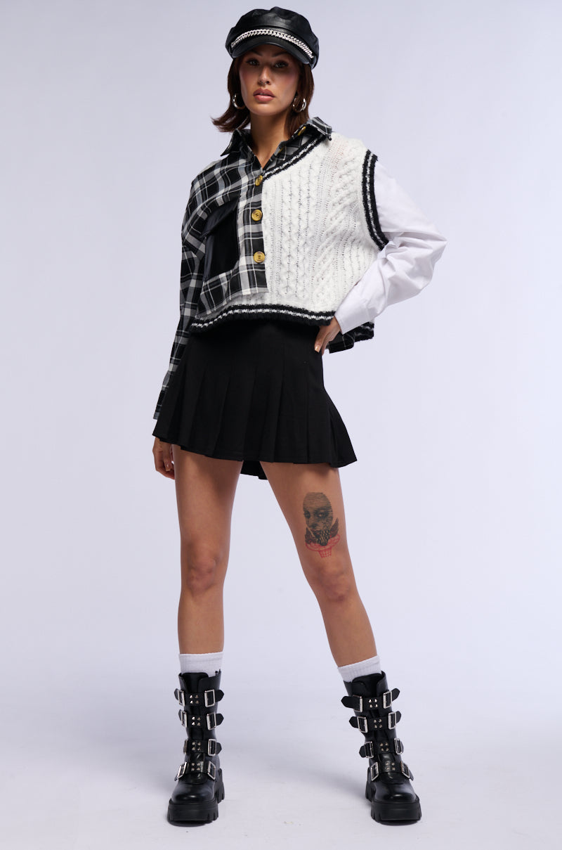 Extra View Sweater Weather Buttoned Patchwork Plaid Top