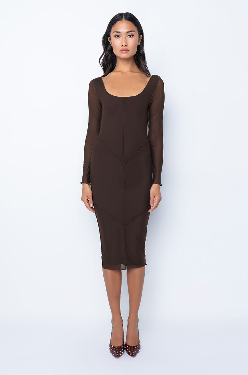 Back View Sweet And Savage Inverted Inseams Mesh Midi Dress
