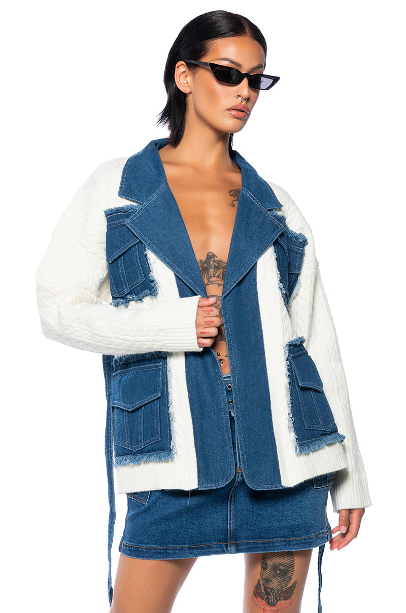 Front View Sweet Dreams Knit And Denim Belted Sweater