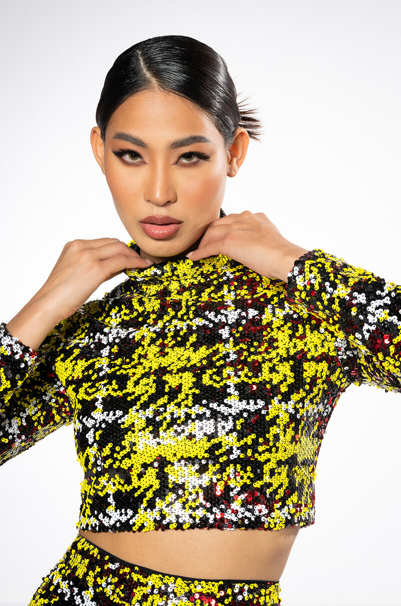 Front View Sweet Escape Sequin Plaid Mock Neck Crop Top