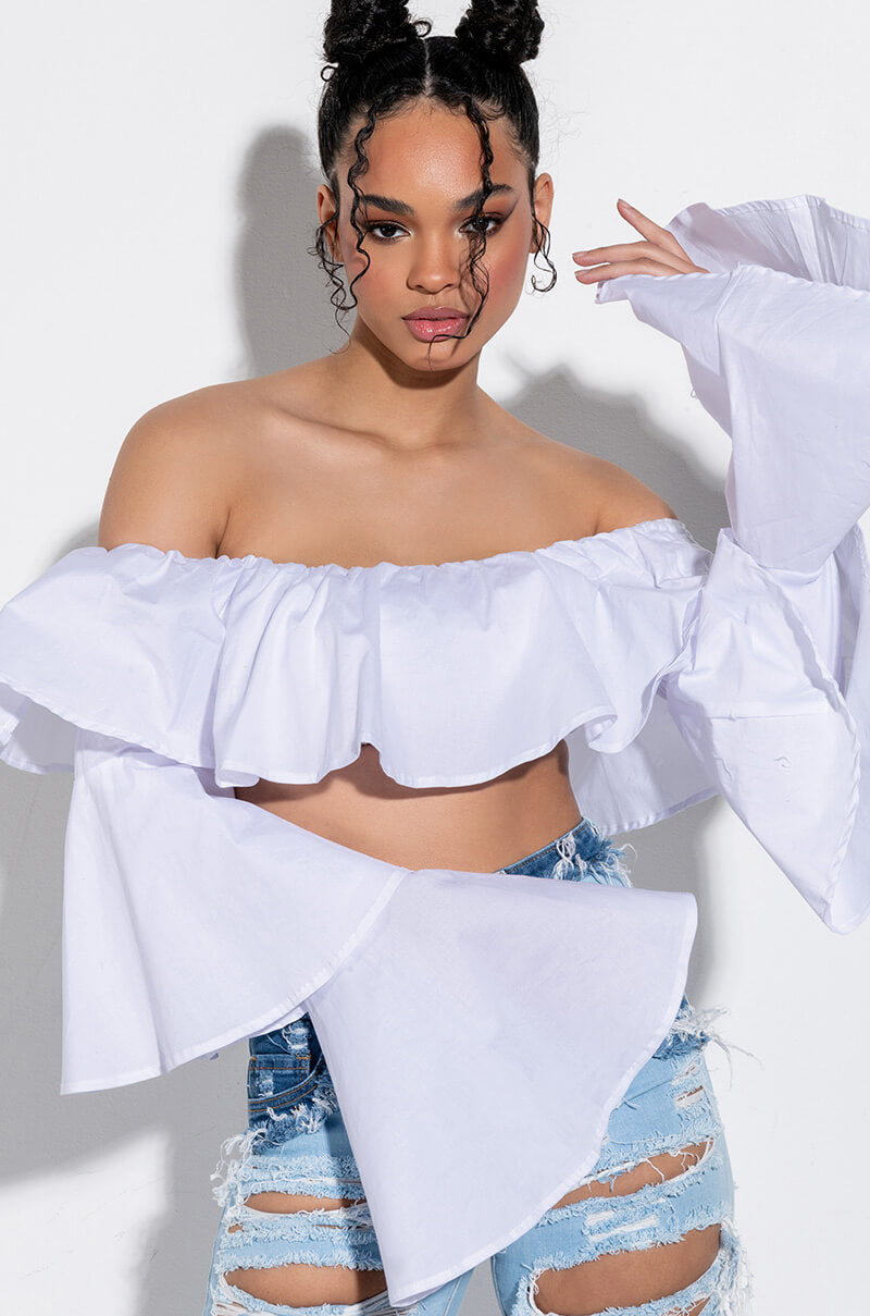 Front View Sweet Like Sugar Off The Shoulder Ruffle Blouse