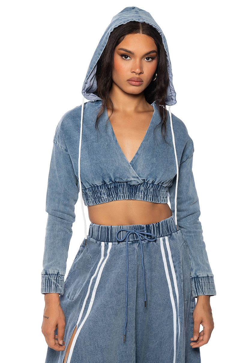 Front View Sweet Nothings Striped Denim Hooded Sweatshirt
