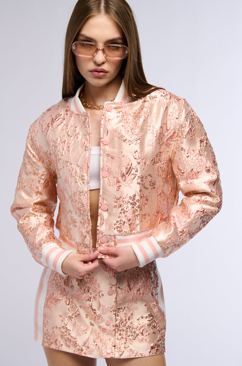 Side View Sweet Thing Brocade Bomber In Pink