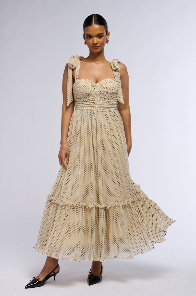Side View Sweetest Dream Polka Dot Tie Shoulder Midi Dress