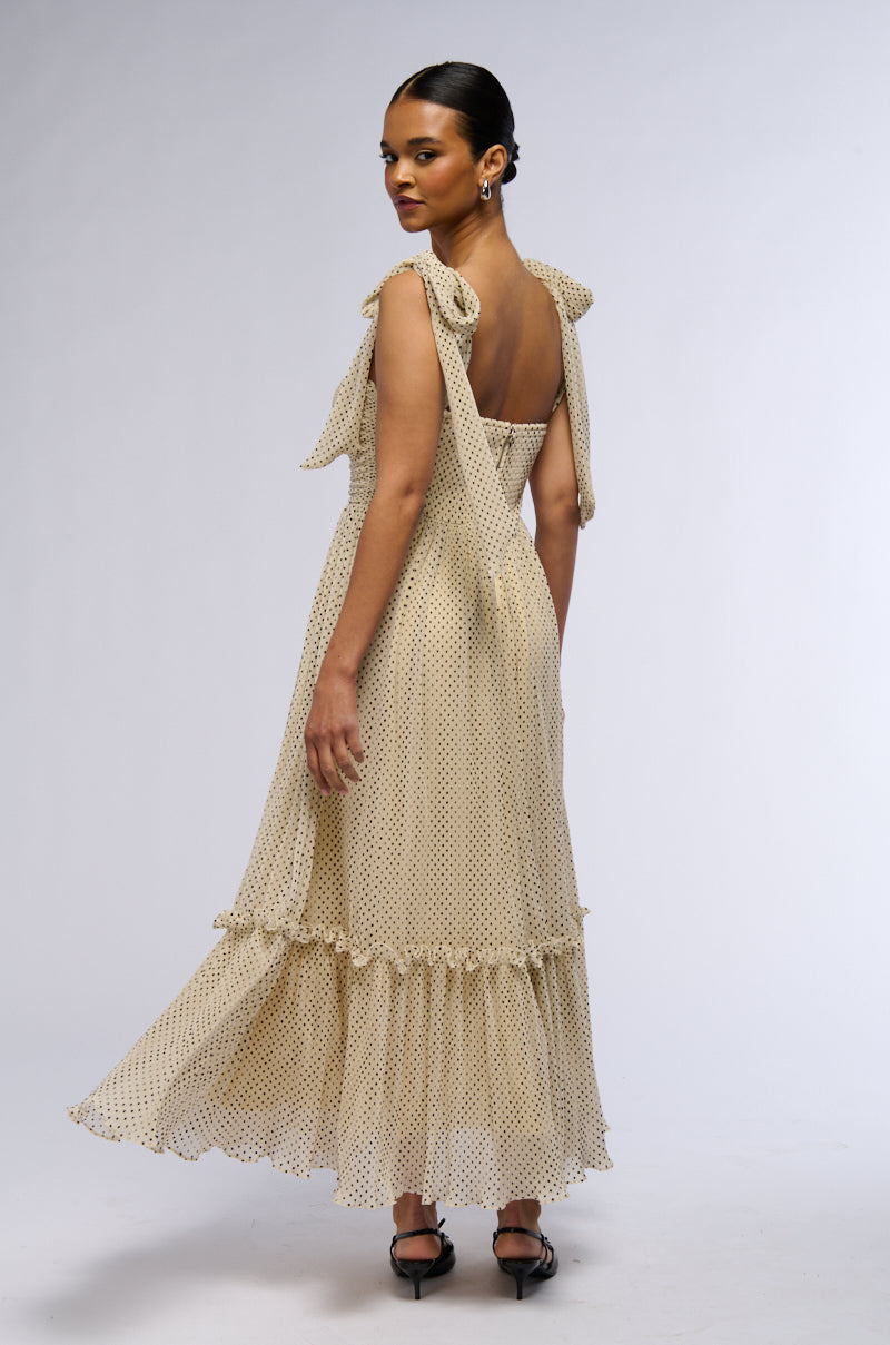 Extra View Sweetest Dream Polka Dot Tie Shoulder Midi Dress