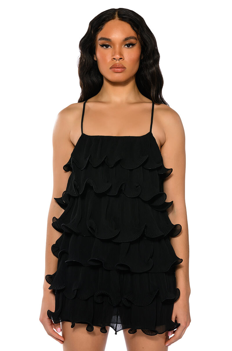 SWEETIE PLEATED RUFFLE SLEEVELESS MINI DRESS IN BLACK view 0