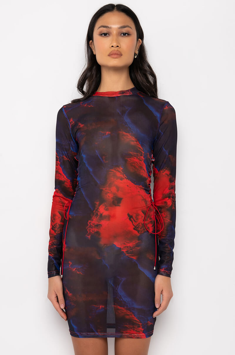 Detail View Swirl Print Lace Up Mesh Mini Dress 3