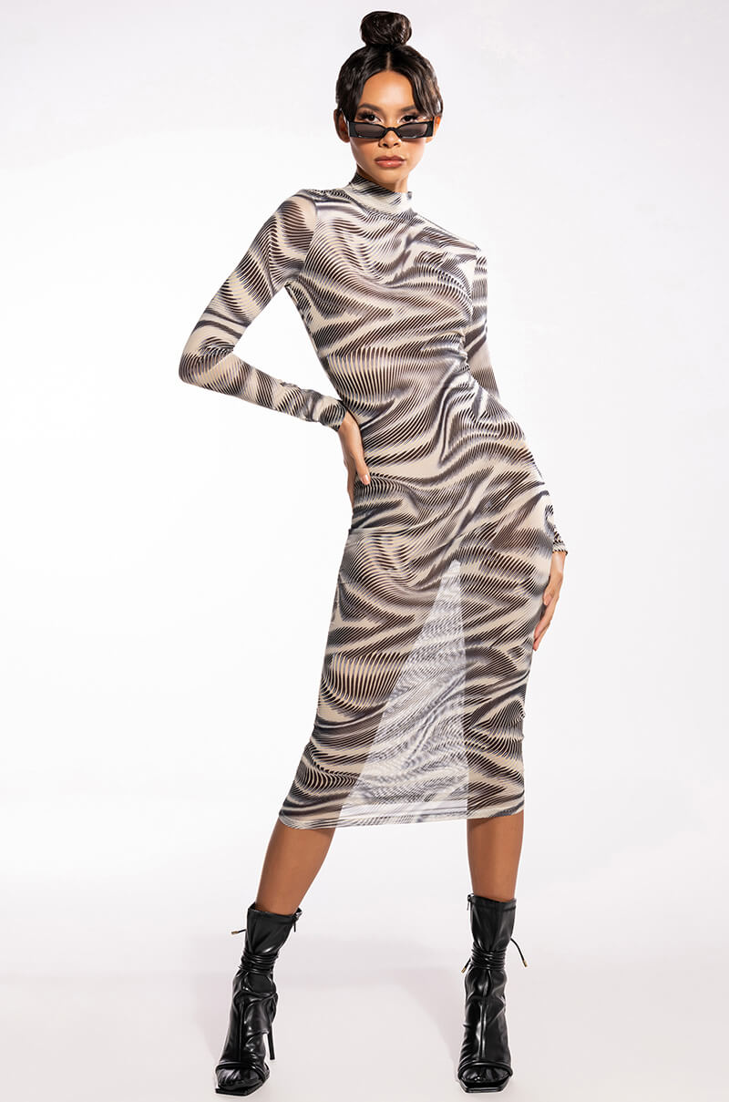 SWIRL PRINT MESH LONG SLEEVE MIDI DRESS view 0