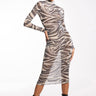 Front View Swirl Print Mesh Long Sleeve Midi Dress