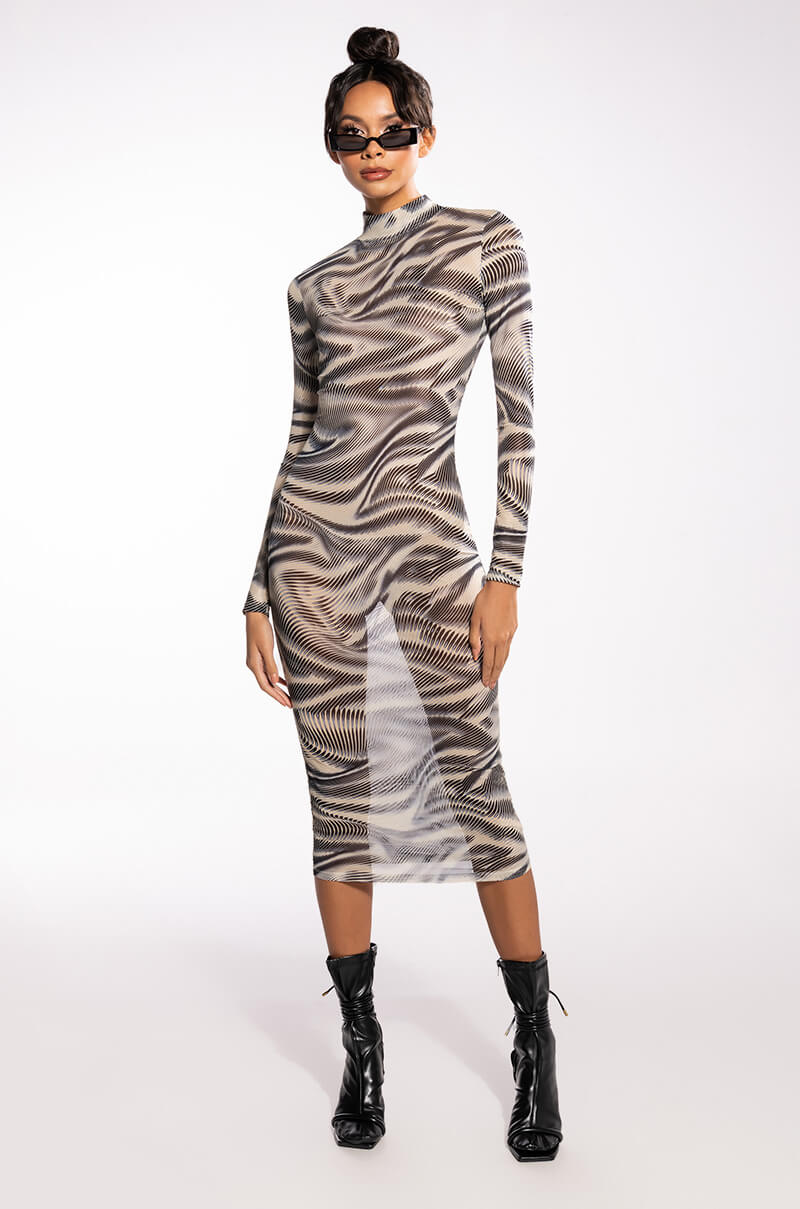 Side View Swirl Print Mesh Long Sleeve Midi Dress