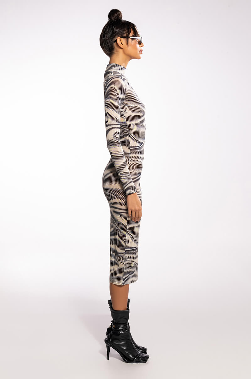 Back View Swirl Print Mesh Long Sleeve Midi Dress