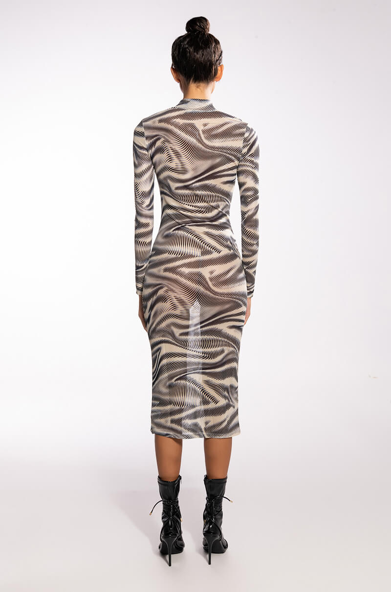 Detail View Swirl Print Mesh Long Sleeve Midi Dress