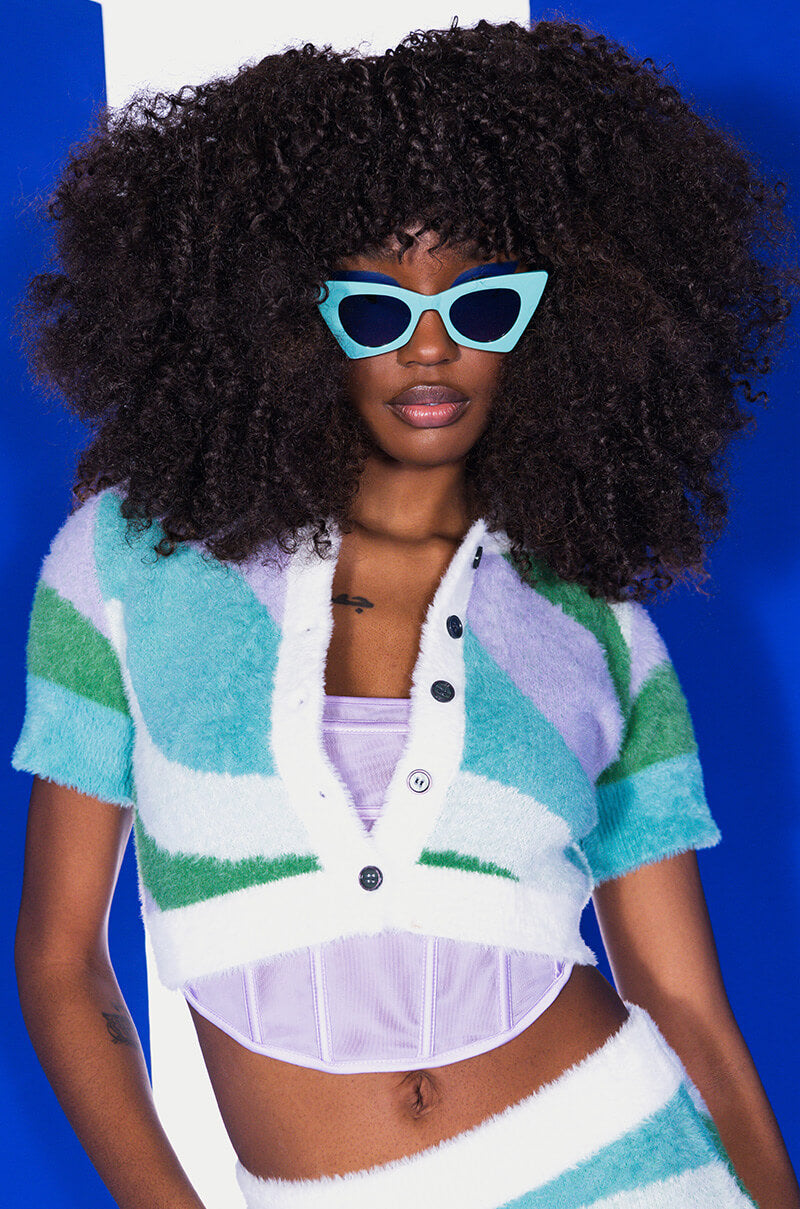 Front View Swirly Fuzzy Sweater Top
