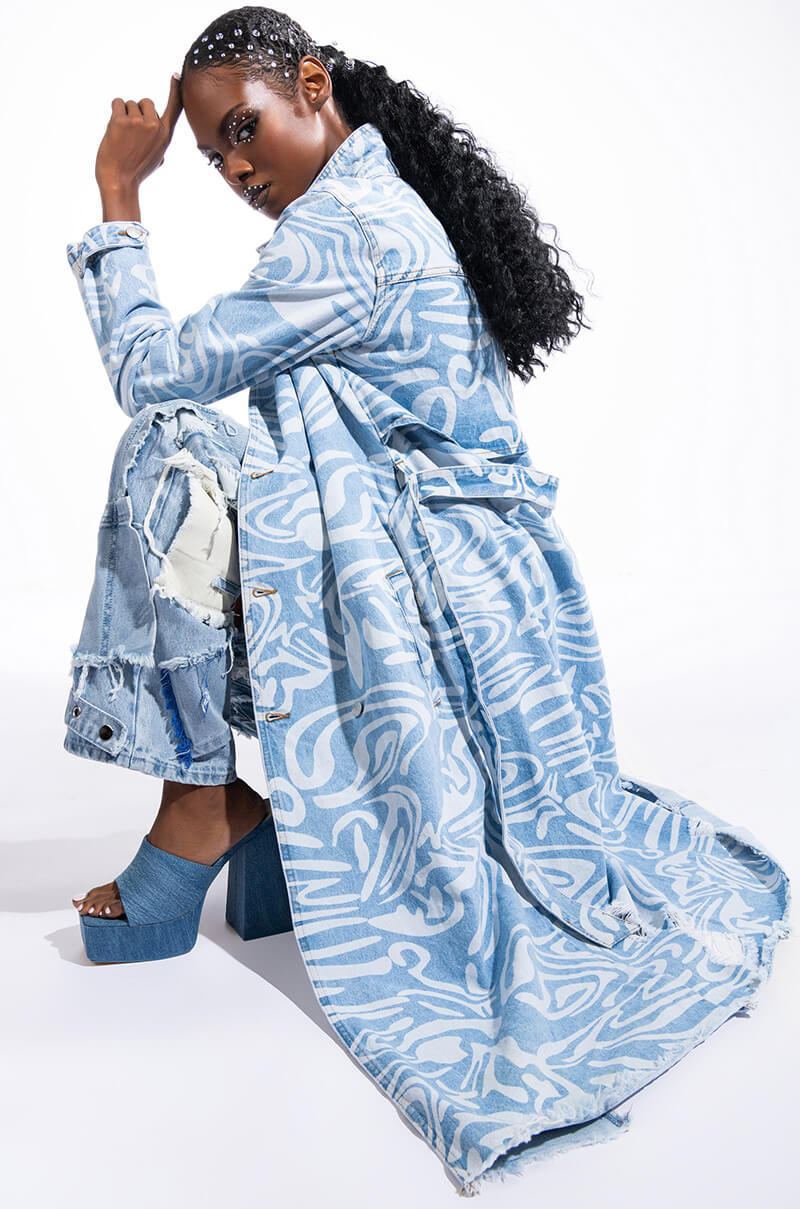 SWIRLY PRINTED DENIM TRENCH view 0