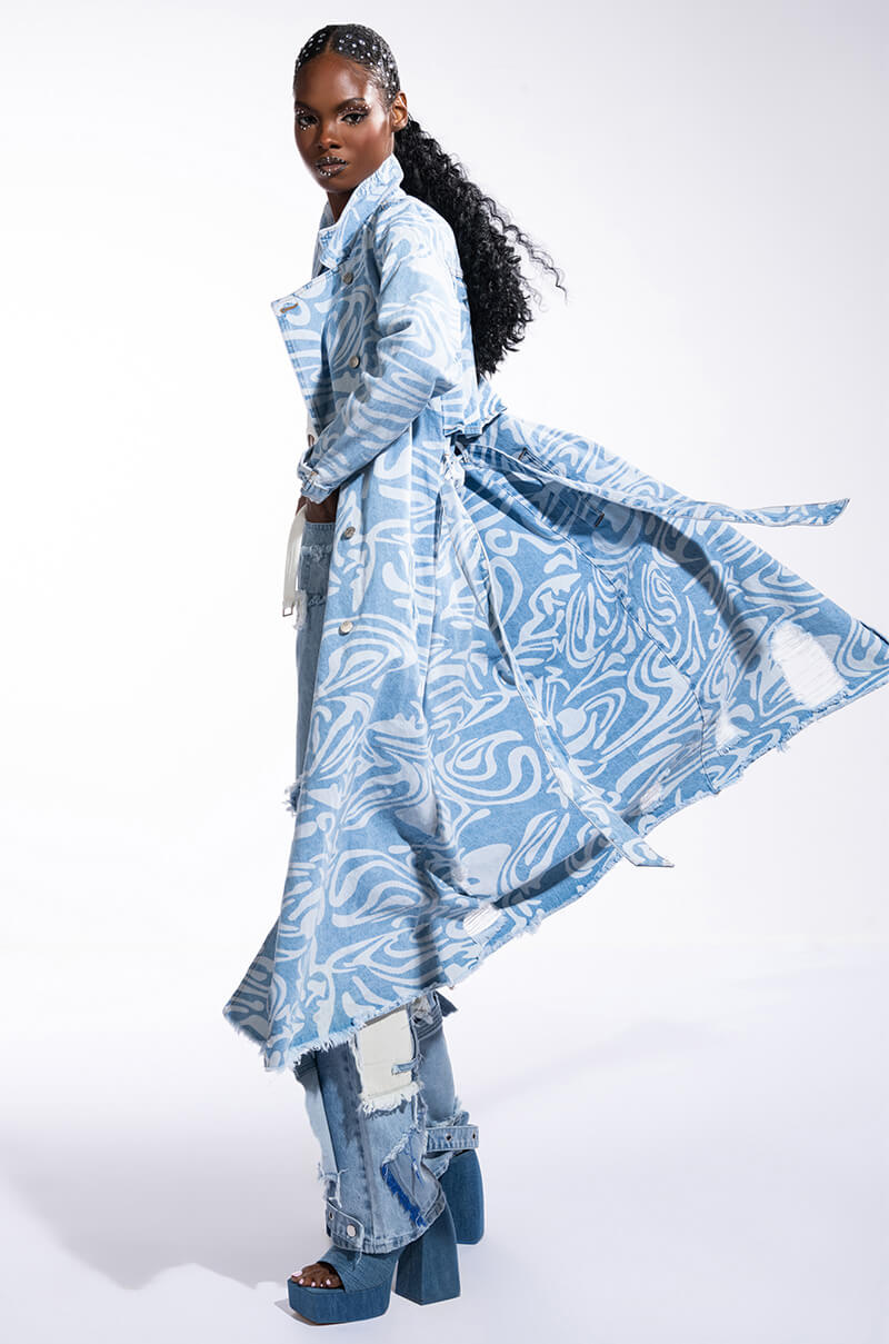 Back View Swirly Printed Denim Trench