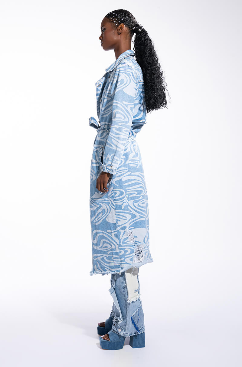 Extra View Swirly Printed Denim Trench