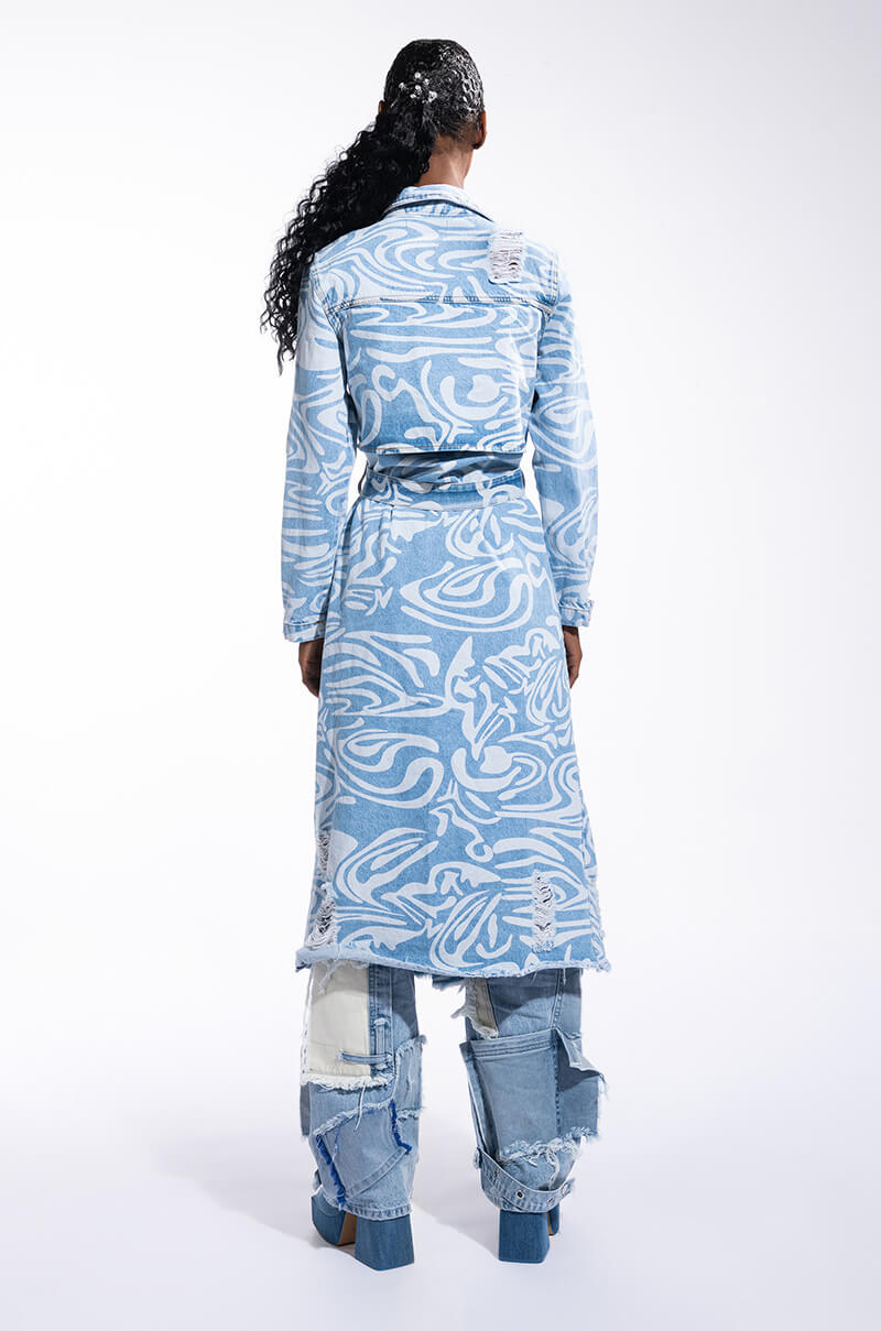 Extra View Swirly Printed Denim Trench