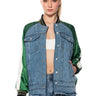 Front View Switch Up Oversized Satin Hybrid Denim Jacket