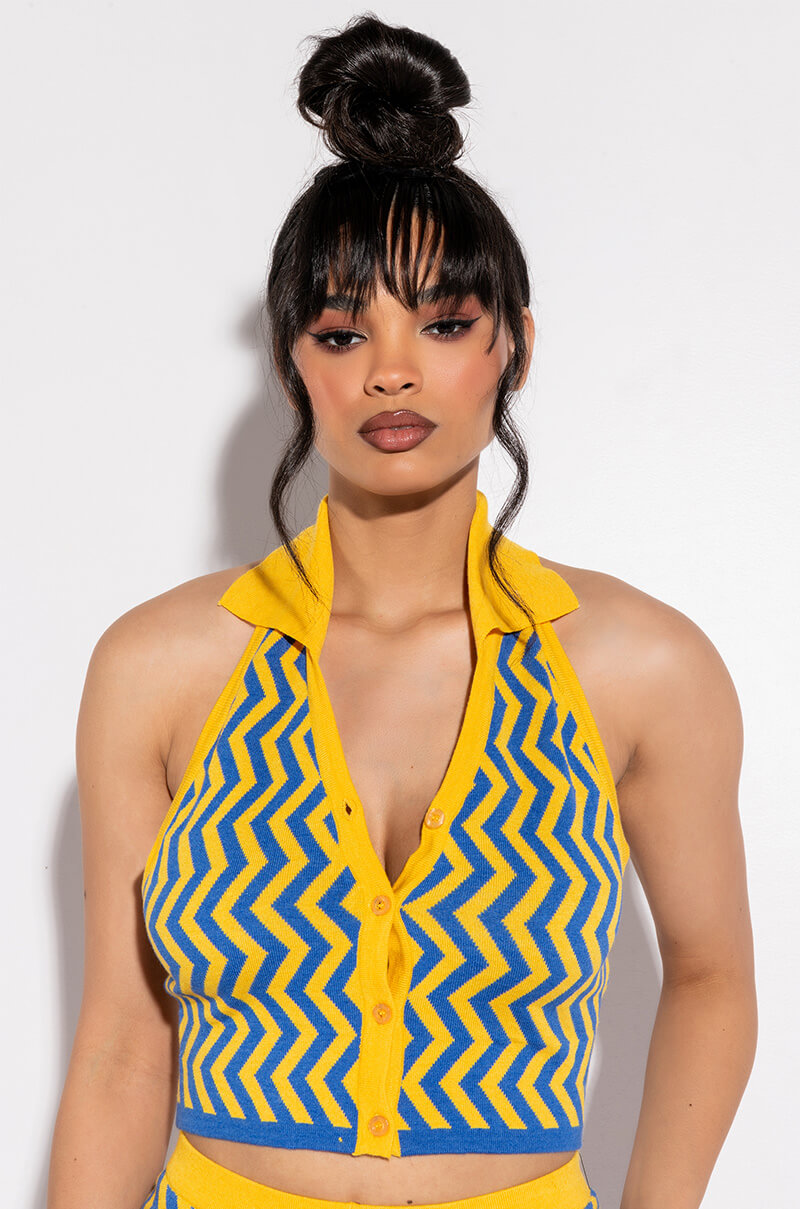 Front View Sydney Halter Neck Knit Crop Top
