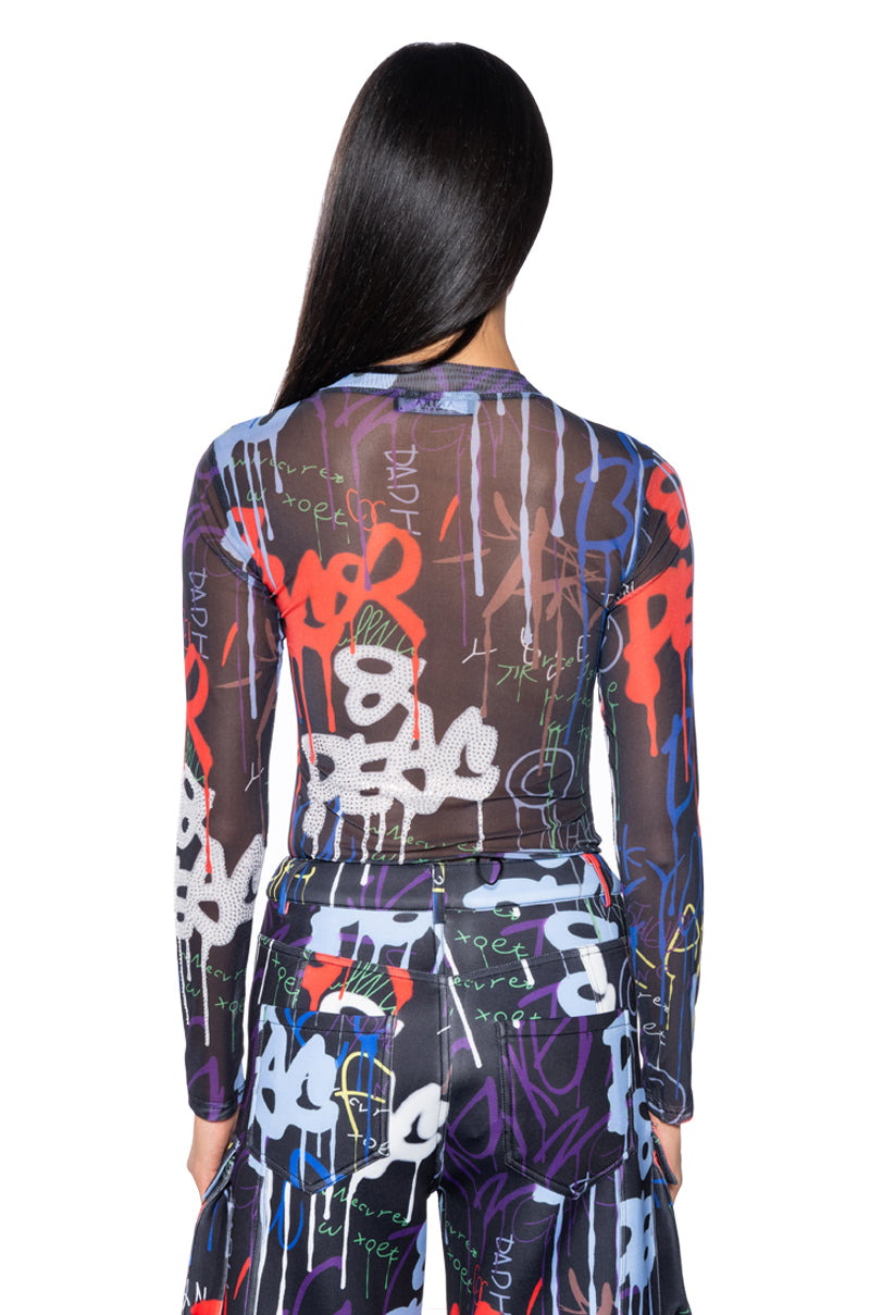 Full View Tag Me Graffiti Embellished Mesh Bodysuit