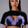 Front View Tai Feather Trim Bra And Ultra Crop Tshirt Set