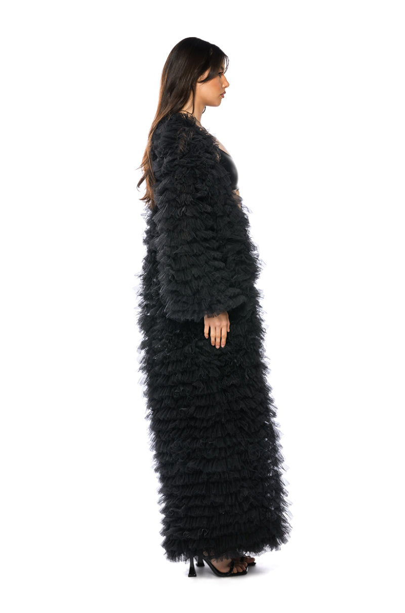 Back View Take A Bow Avant Garde Ruffle Trench In Black